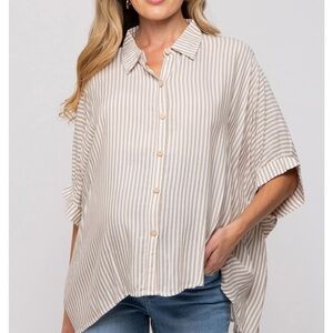 Zenana Taupe Striped Button Up Dolman Maternity Top